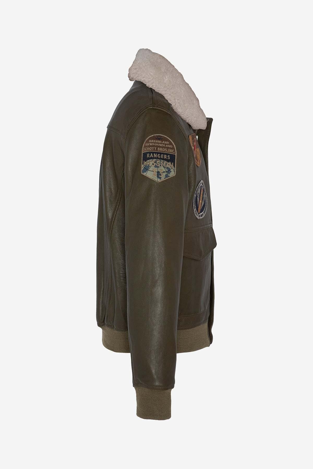 Khaki leather bomber jacket with patches - Image n°3
