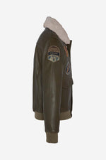 Khaki leather bomber jacket with patches - Image n°3