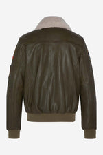 Khaki leather bomber jacket with patches - Image n°2