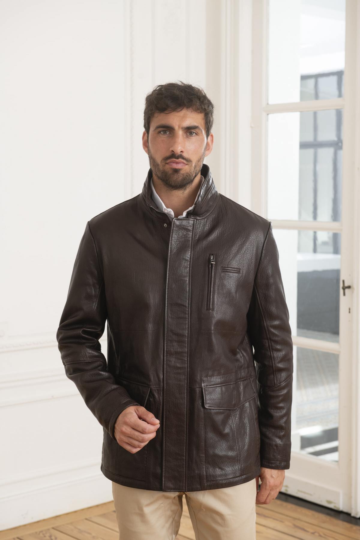 Men's mid-length jacket in brown lambskin - Image n°7