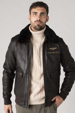 Dark brown sheepskin aviator jacket with RAF insignias and fur collar. - Image n°7