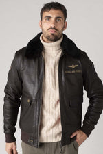 Dark brown sheepskin aviator jacket with RAF insignias and fur collar. - Image n°7
