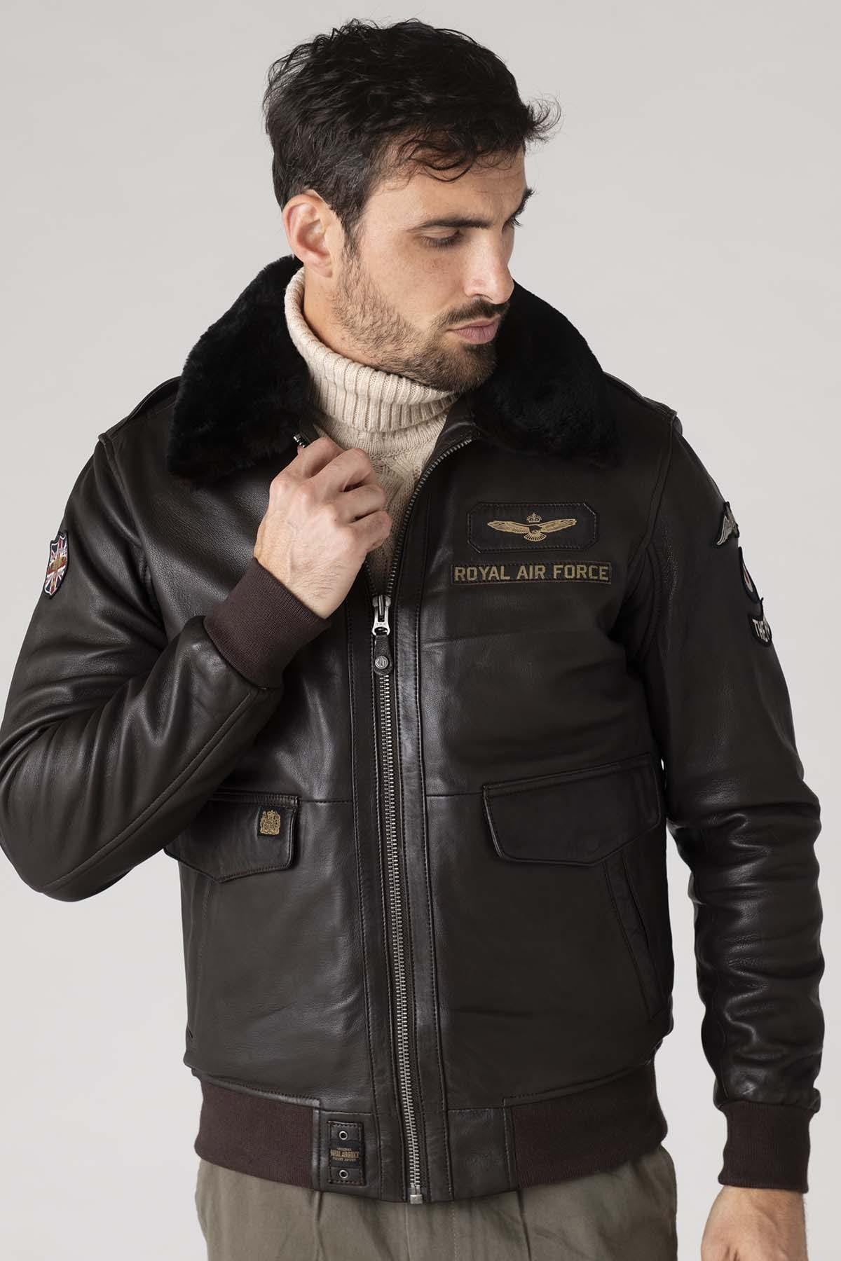 Dark brown sheepskin aviator jacket with RAF insignias and fur collar. - Image n°3