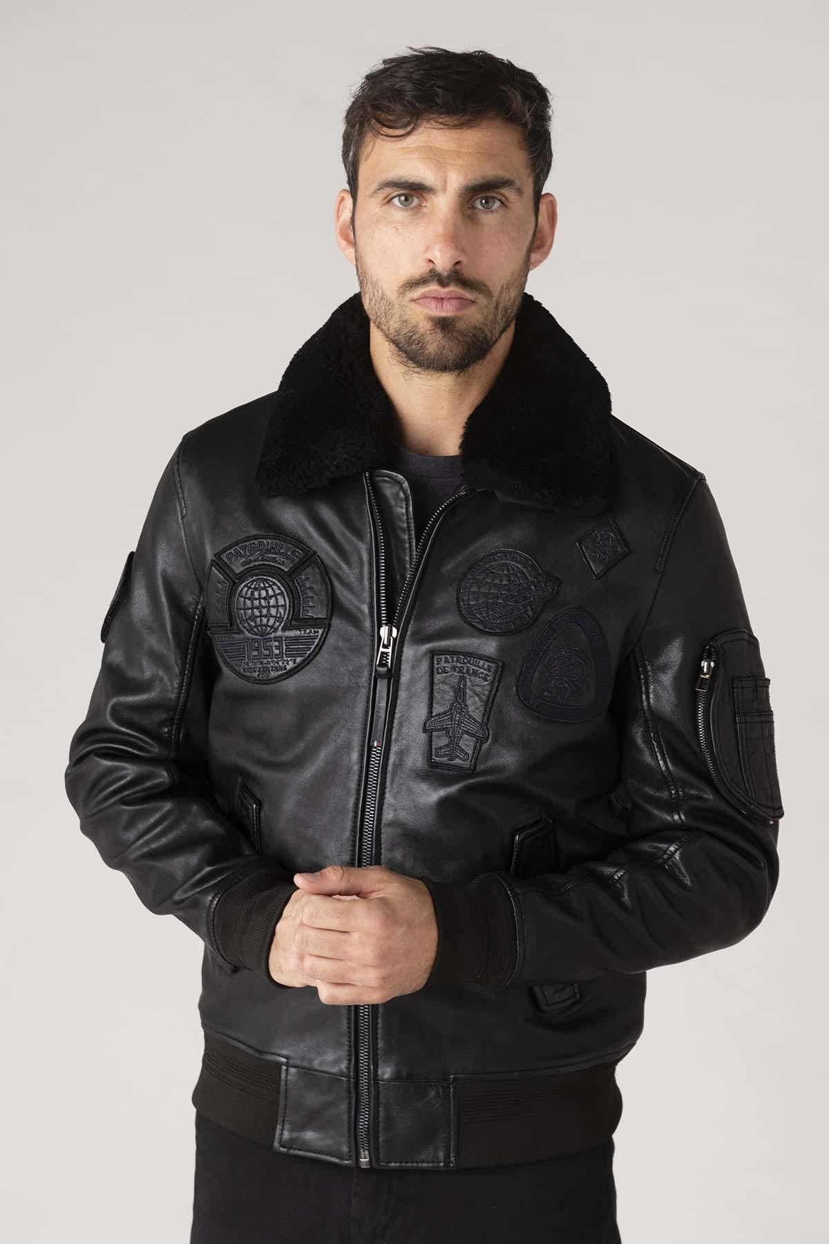 Black sheepskin aviator jacket with fur collar for warmth and style. - Image n°7