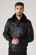 Black sheepskin aviator jacket with fur collar for warmth and style. - Image n°7