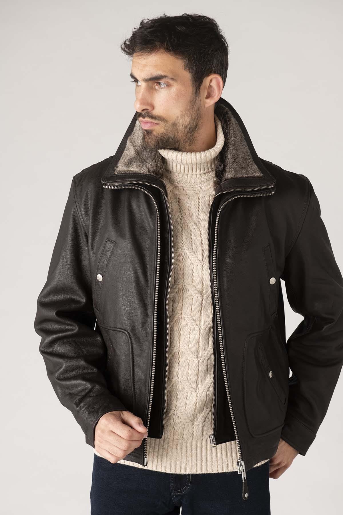 Schott's LC8100W23: brown cowhide, shirt collar, vegan-fur trim. - Image n°1