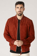 Rust-hued suede goatskin jacket with a velvety finish and regular fit. - Image n°1