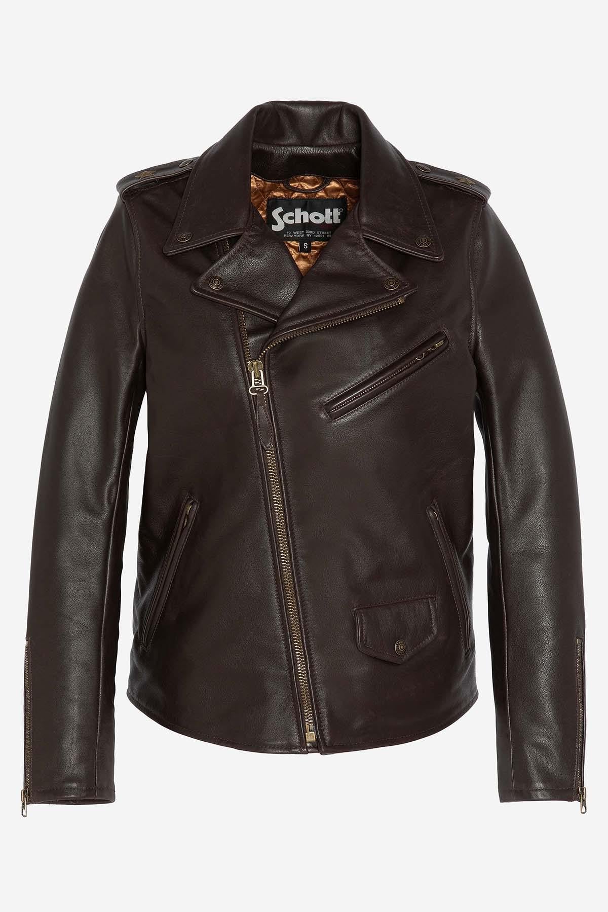 Dark brown cowhide Perfecto by Schott, star accents and press-studs. - Image n°1