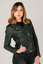 Women's khaki leather biker jacket - Image n°1