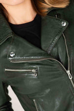 Women's khaki leather biker jacket - Image n°2