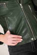 Women's khaki leather biker jacket - Image n°3