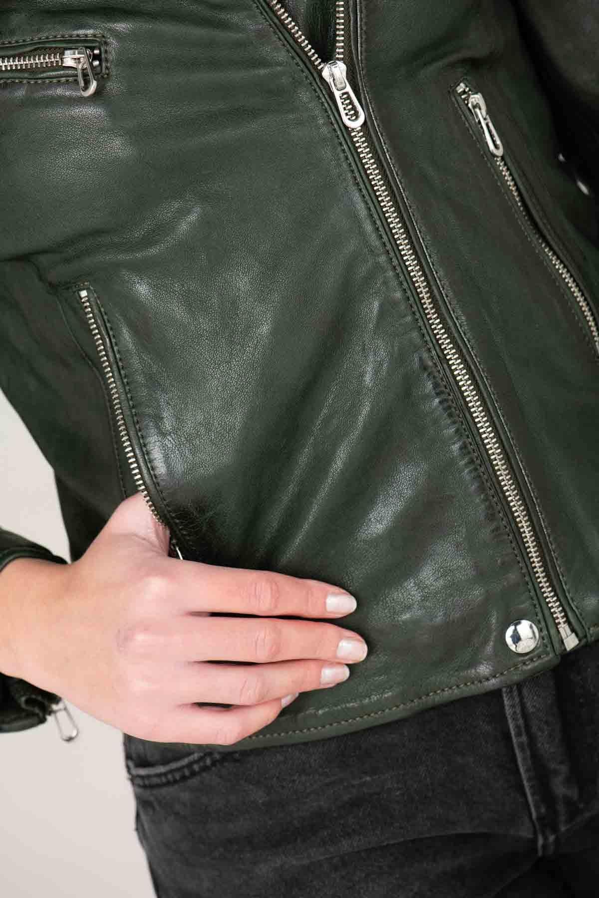 Women's khaki leather biker jacket - Image n°7