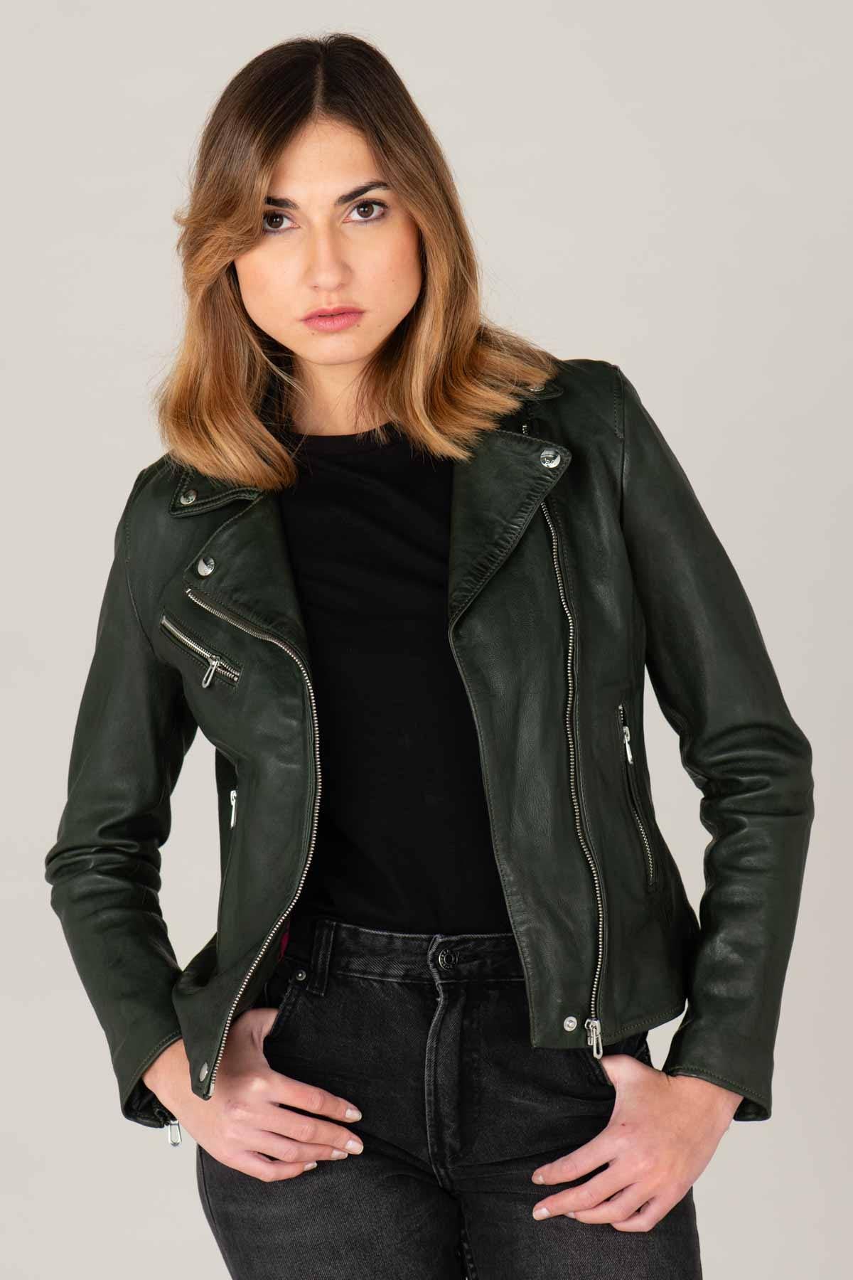 Women's khaki leather biker jacket - Image n°1