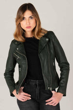 Women's khaki leather biker jacket - Image n°1