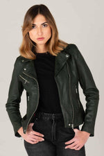 Women's khaki leather biker jacket - Image n°1