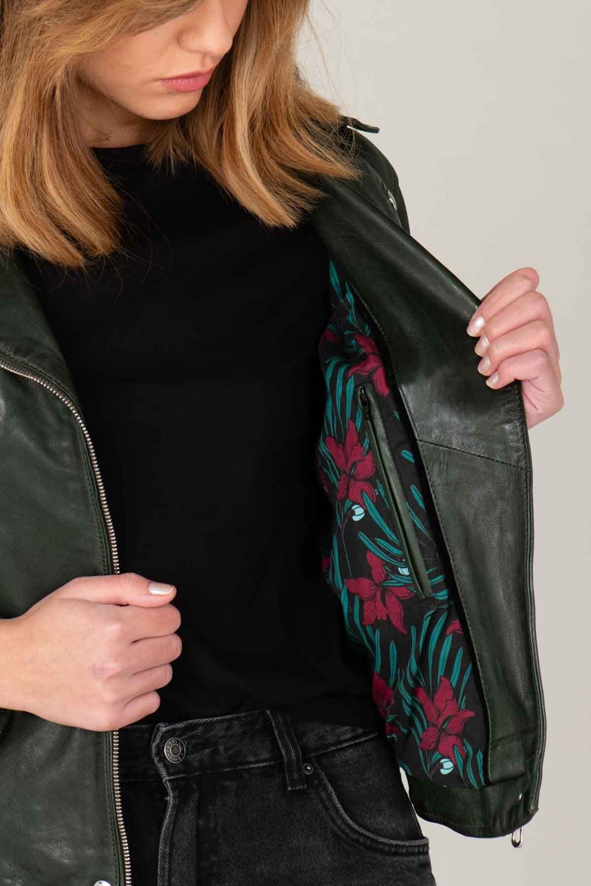 Women's khaki leather biker jacket - Image n°2