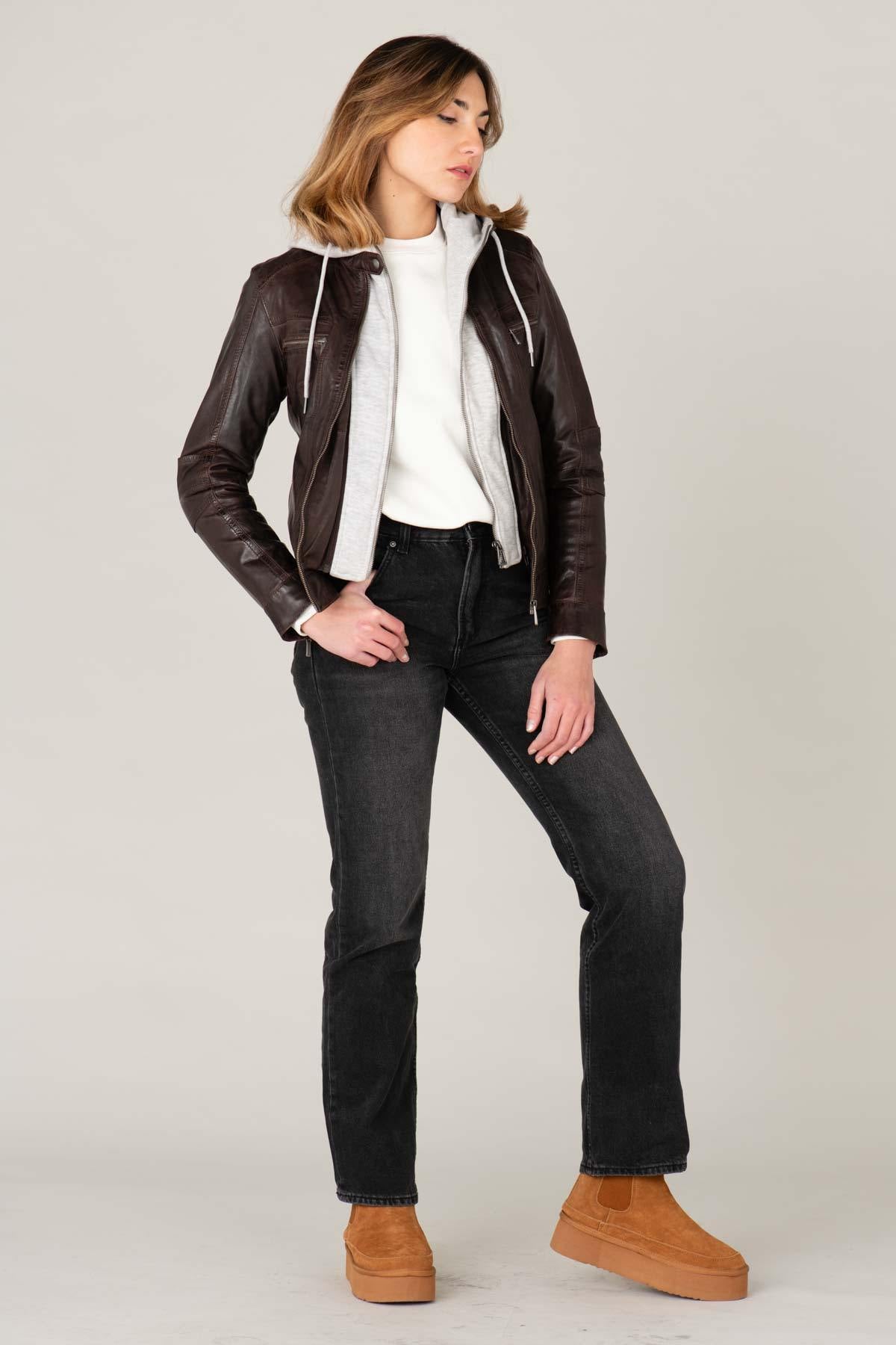 Reddish-brown sheepskin jacket with removable hood and zipped cuffs. - Image n°4