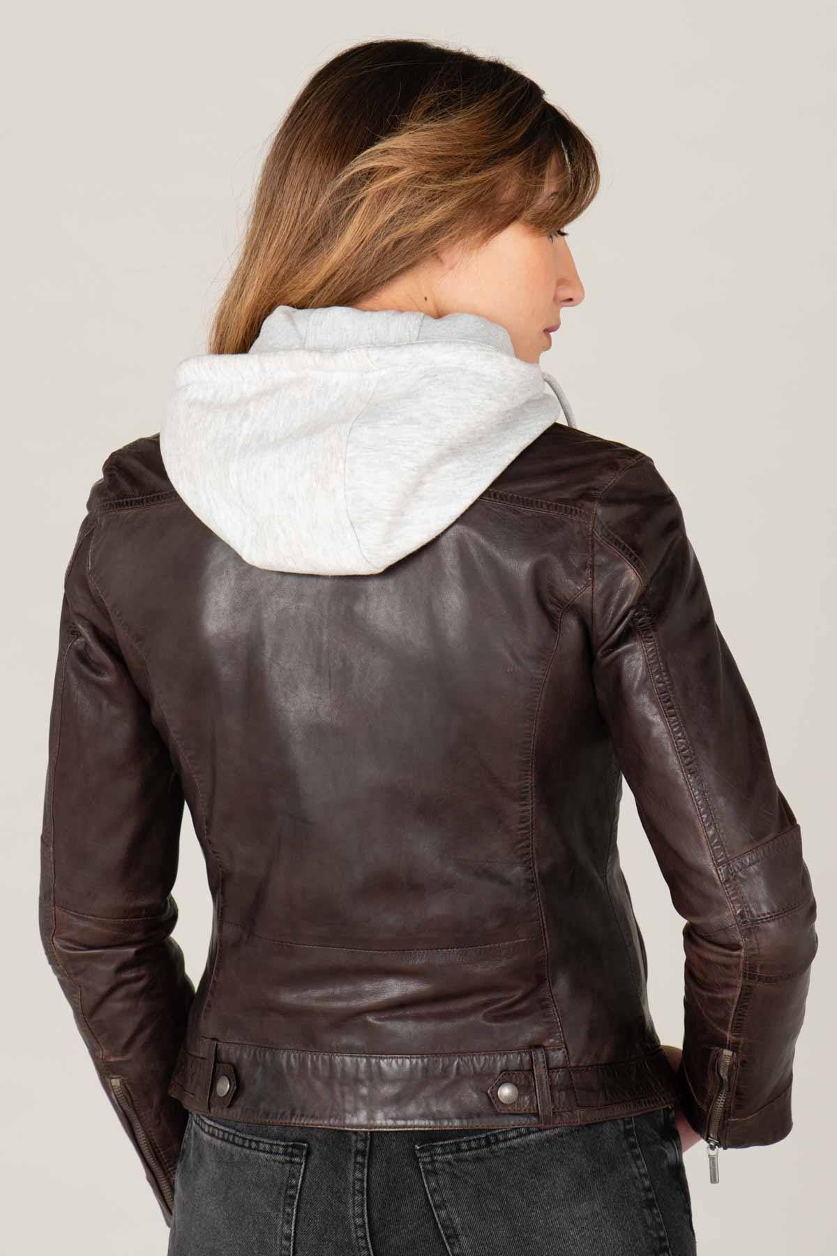 Reddish-brown sheepskin jacket with removable hood and zipped cuffs. - Image n°2
