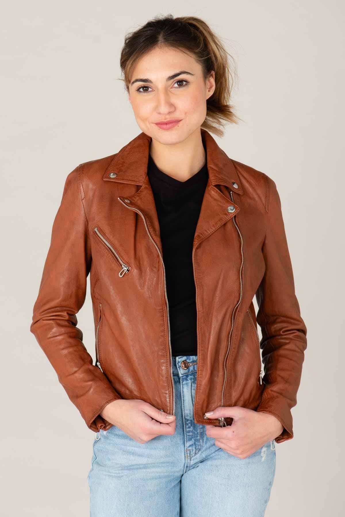 Cognac lambskin biker jacket, vegetable-tanned. Soft, sleek, and cool. - Image n°1