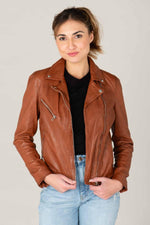 Cognac lambskin biker jacket, vegetable-tanned. Soft, sleek, and cool. - Image n°1