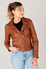 Cognac lambskin biker jacket, vegetable-tanned. Soft, sleek, and cool. - Image n°4