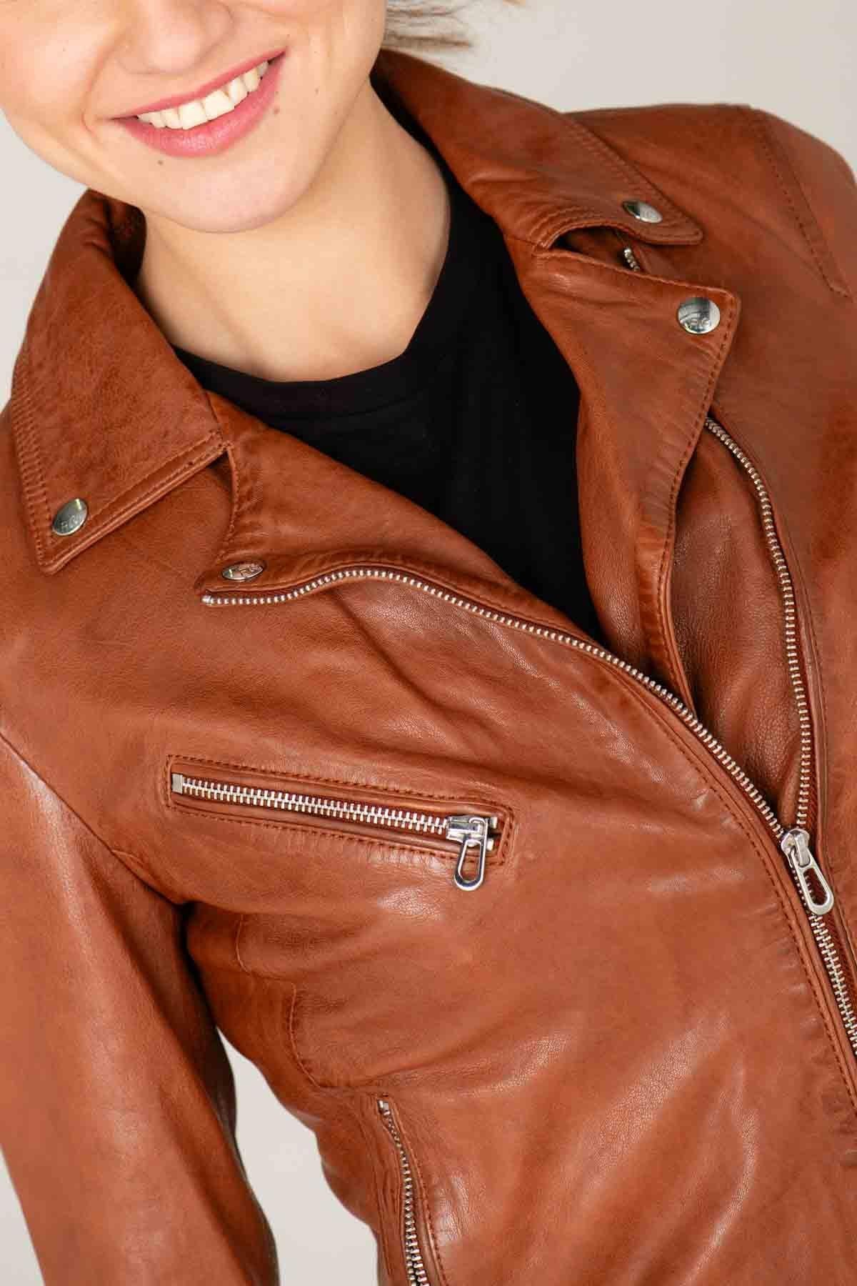 Cognac lambskin biker jacket, vegetable-tanned. Soft, sleek, and cool. - Image n°5