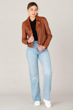 Cognac lambskin biker jacket, vegetable-tanned. Soft, sleek, and cool. - Image n°3
