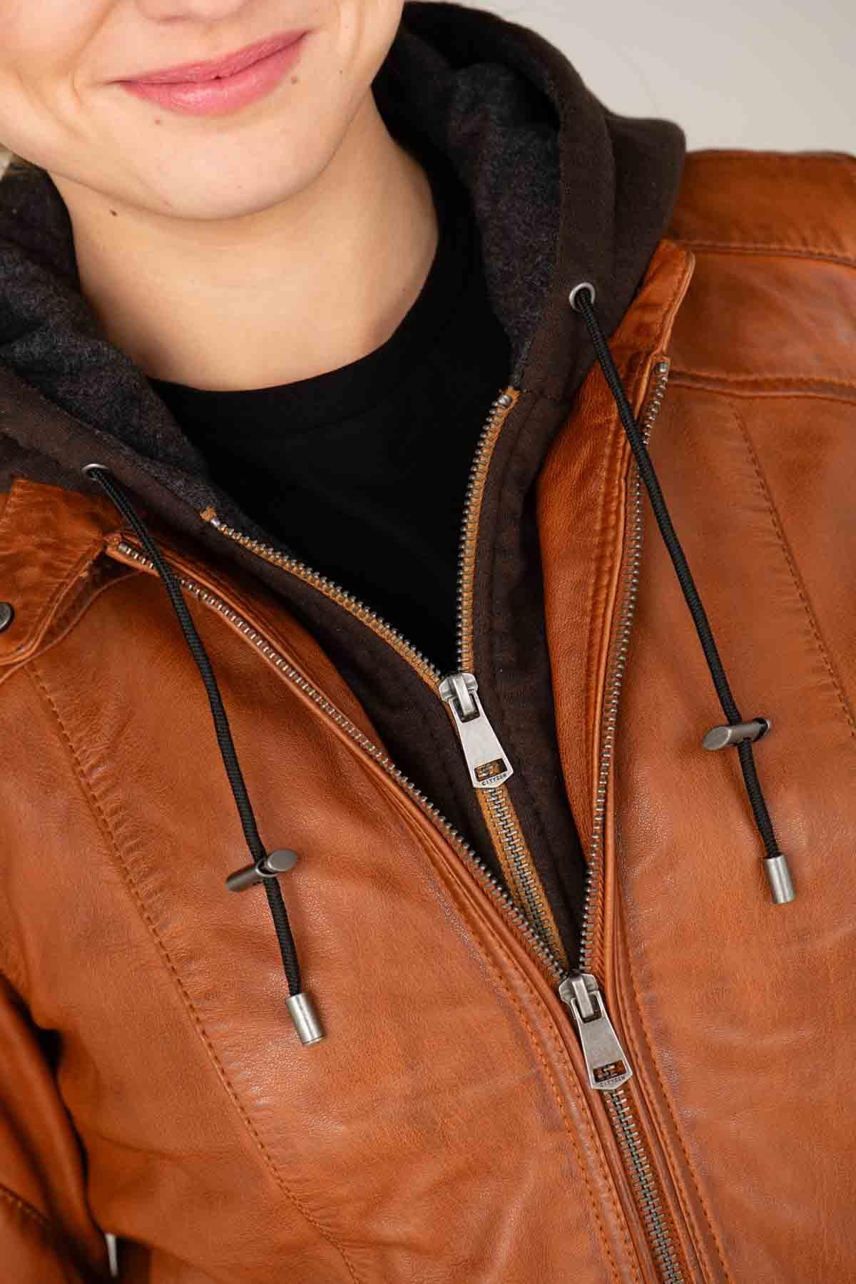 Refined cognac sheepskin jacket with detachable hood and motard collar. - Image n°3