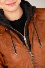 Refined cognac sheepskin jacket with detachable hood and motard collar. - Image n°3