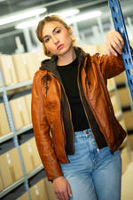 Refined cognac sheepskin jacket with detachable hood and motard collar. - Image n°8