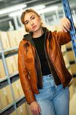 Refined cognac sheepskin jacket with detachable hood and motard collar. - Image n°8