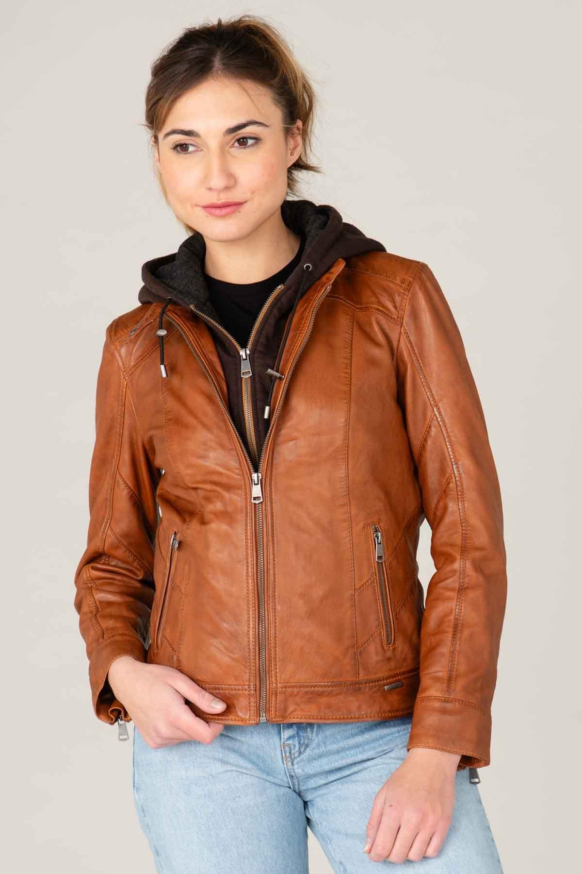 Refined cognac sheepskin jacket with detachable hood and motard collar. - Image n°7