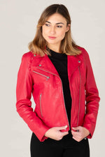 Raspberry lambskin biker jacket with silver zips and floral lining. - Image n°6