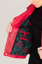 Raspberry lambskin biker jacket with silver zips and floral lining. - Image n°5