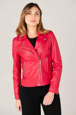 Raspberry lambskin biker jacket with silver zips and floral lining. - Image n°2