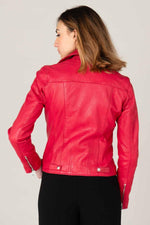 Raspberry lambskin biker jacket with silver zips and floral lining. - Image n°4