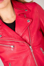 Raspberry lambskin biker jacket with silver zips and floral lining. - Image n°3
