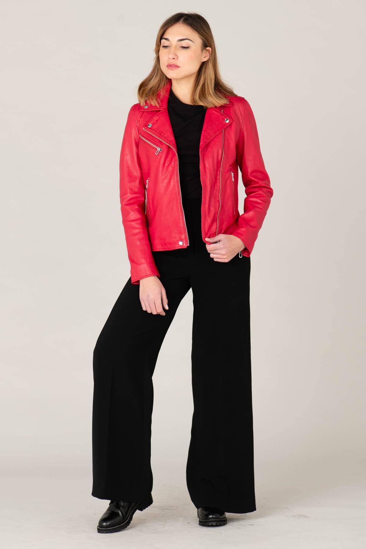 Raspberry lambskin biker jacket with silver zips and floral lining. - Image n°1