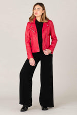 Raspberry lambskin biker jacket with silver zips and floral lining. - Image n°1