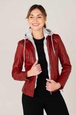 Washed lambskin jacket in red chilli, featuring a detachable hood. - Image n°1
