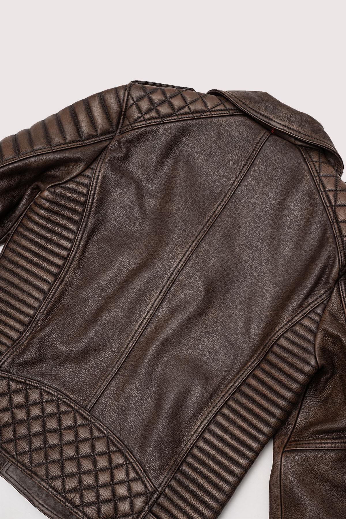 carefully stitched biker jacket in waxed cowhide. Rugged, weathered finish. - Image n°9