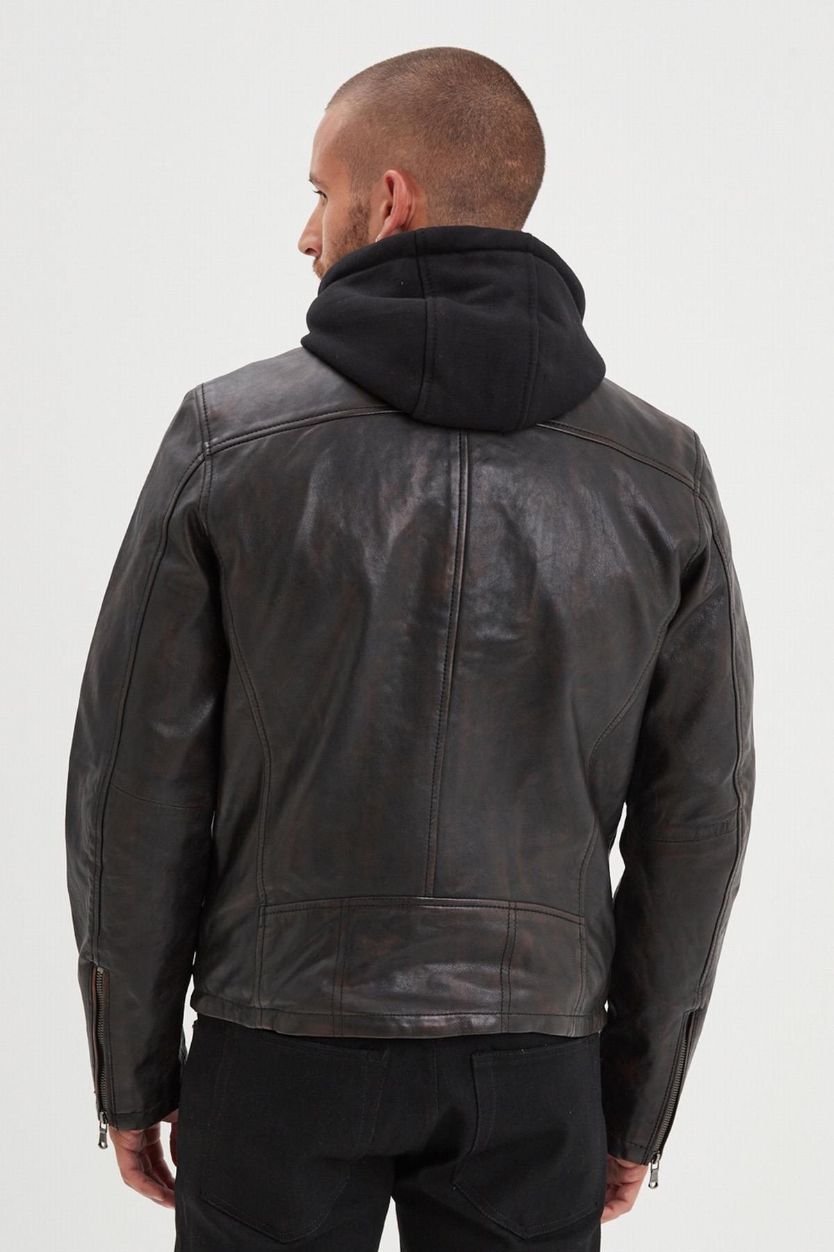 Black and cognac lambskin jacket with removable hood and biker edge. - Image n°4