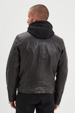 Black and cognac lambskin jacket with removable hood and biker edge. - Image n°4