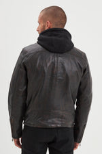 Black and cognac lambskin jacket with removable hood and biker edge. - Image n°4
