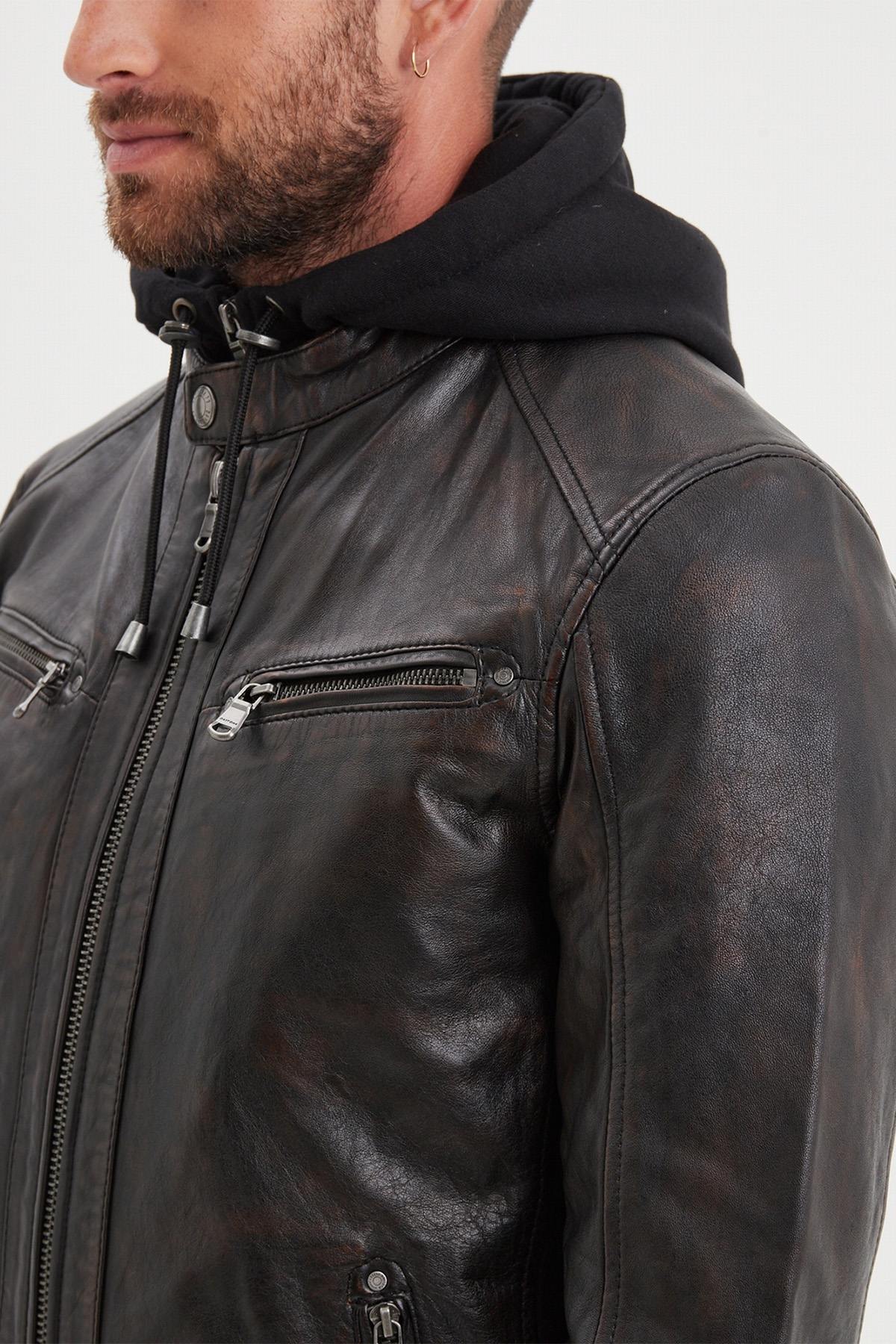 Black and cognac lambskin jacket with removable hood and biker edge. - Image n°5