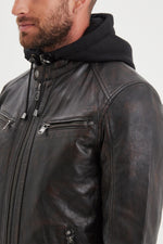 Black and cognac lambskin jacket with removable hood and biker edge. - Image n°5