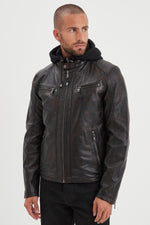 Black and cognac lambskin jacket with removable hood and biker edge. - Image n°2