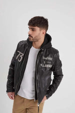 A black lambskin jacket with retro racing details - Image n°1