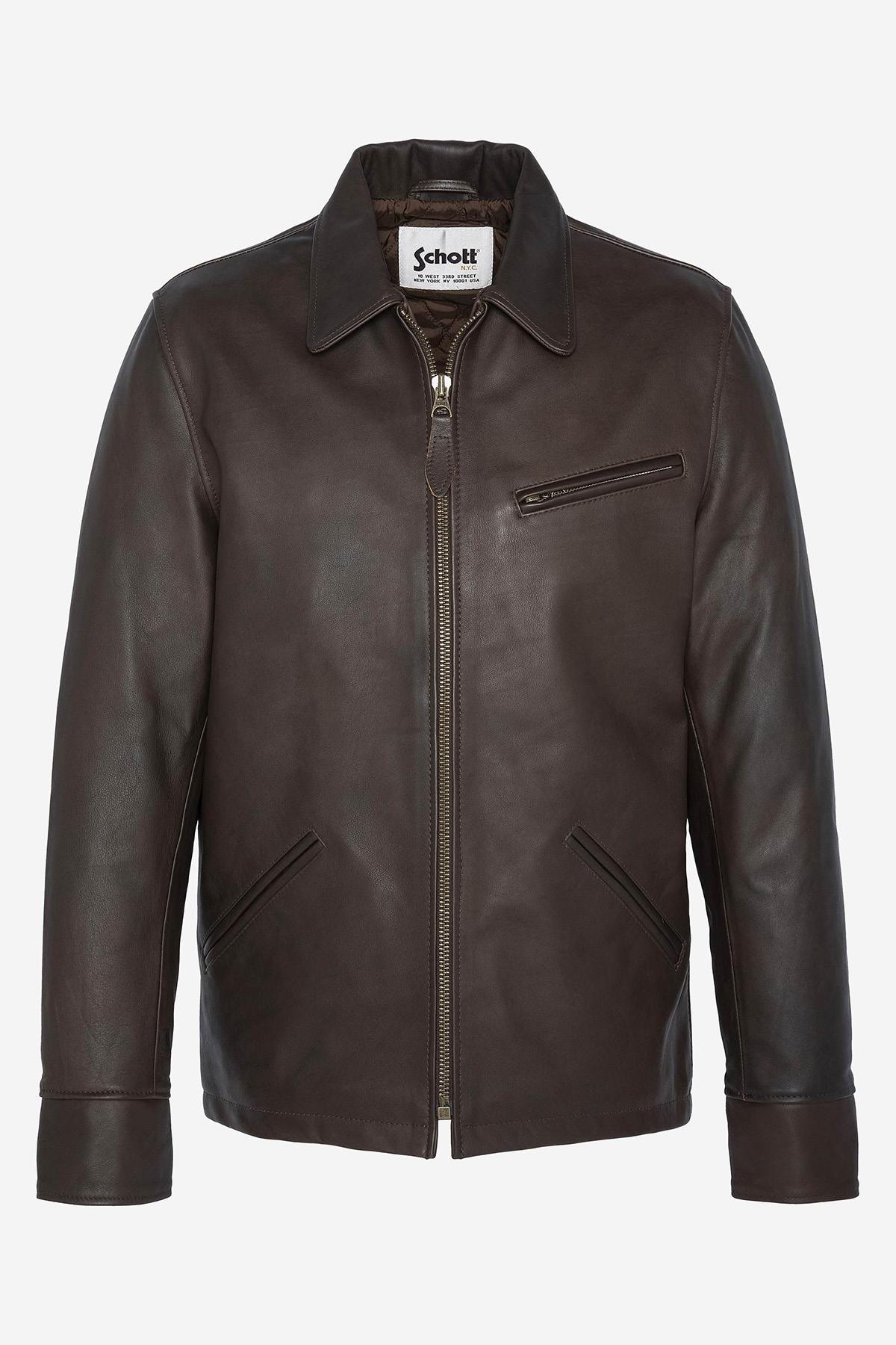 Dark brown cowhide Schott LC9521D with shirt collar and zip fastening. - Image n°8