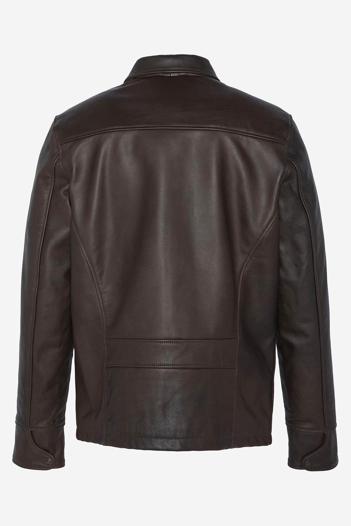 Dark brown casual thick leather jacket - Image n°9